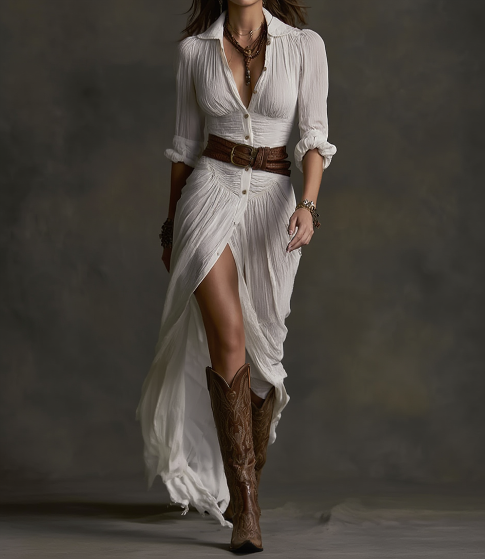 Aurore | Abito Lungo in Lino con Collo Rovesciato