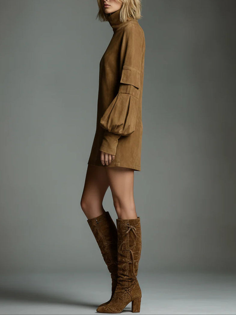 Bibiane | Mini Abito Oversize Scamosciato a Collo Alto