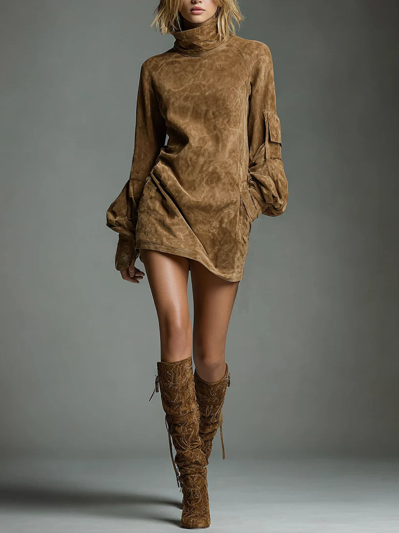 Bibiane | Mini Abito Oversize Scamosciato a Collo Alto