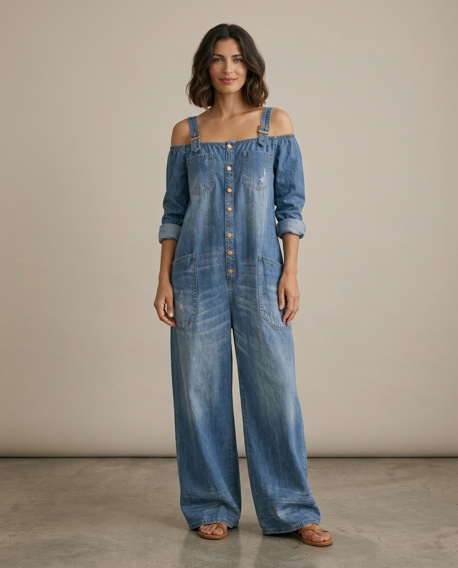 Ruth | Tuta Blu Off Shoulder a Gamba Larga