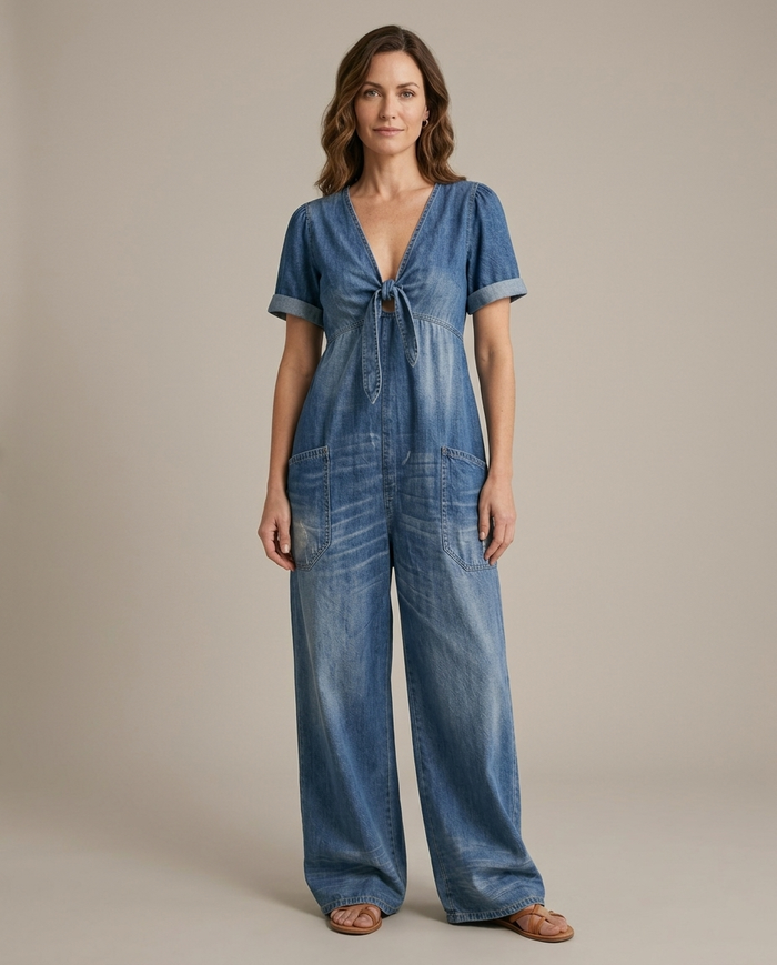 Lola | Tuta Blu Scollo a V a Gamba Larga